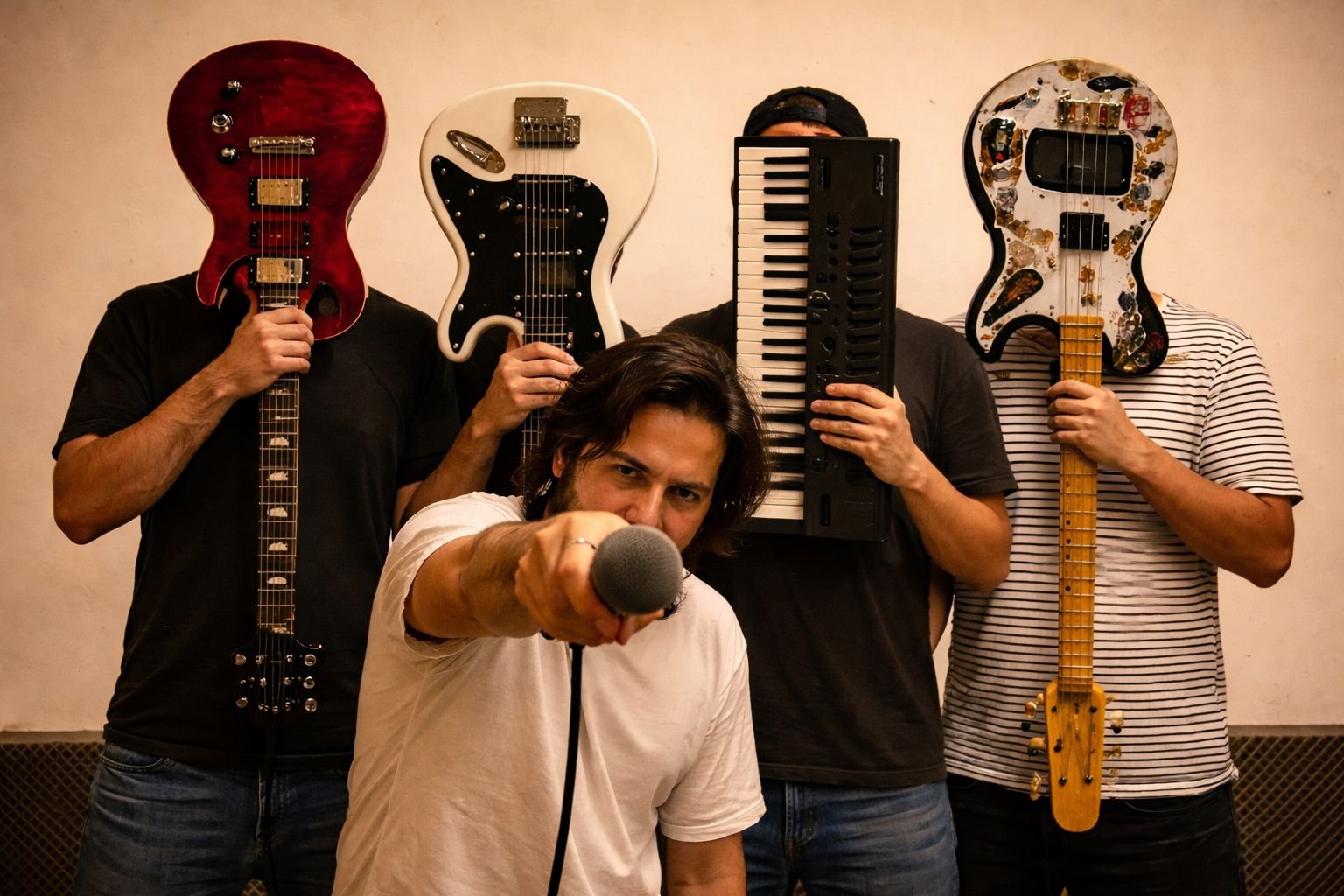 Sube tu Arte Hombres de una banda musical, posando con instrumentos, cubriendo sus rostros y vocalista, apuntando con micrófono al frente,