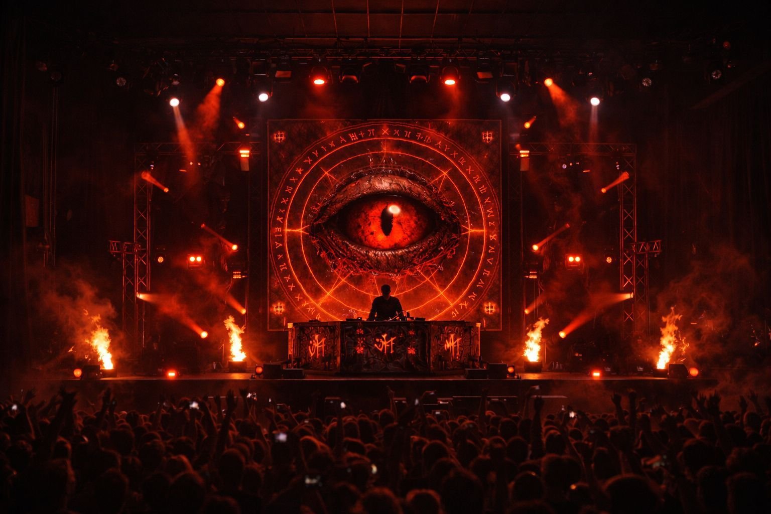 Escenario de concierto con luces rojas, efectos visuales y público durante evento de música electrónica